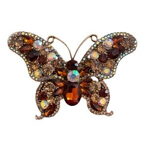 Butterfly Brooch/Pendant Amber Sparkling Whimsical Rhinestones Heavy Gold-tone